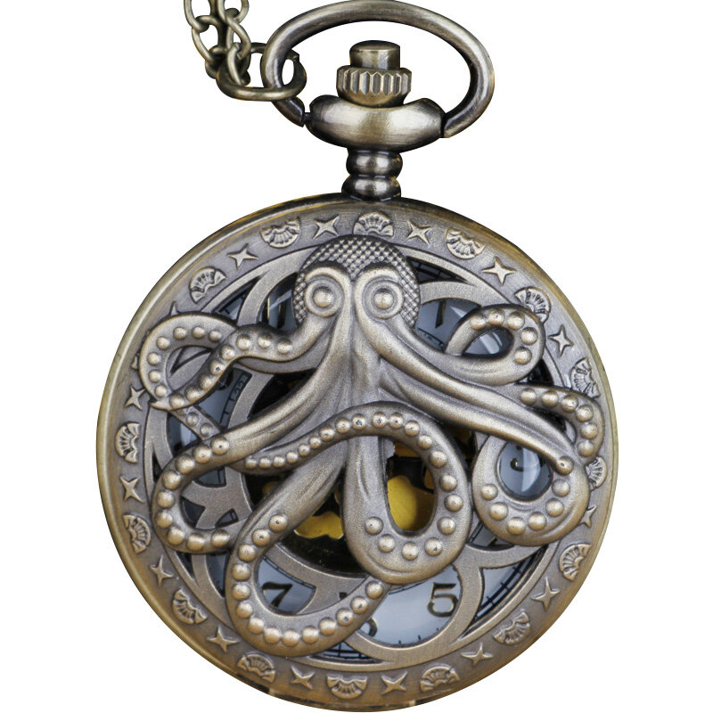 New Arrival Octopus Pattern Hollow Out Alloy Round Pocket Watch Necklace Men's And Women's Birthday Gift
