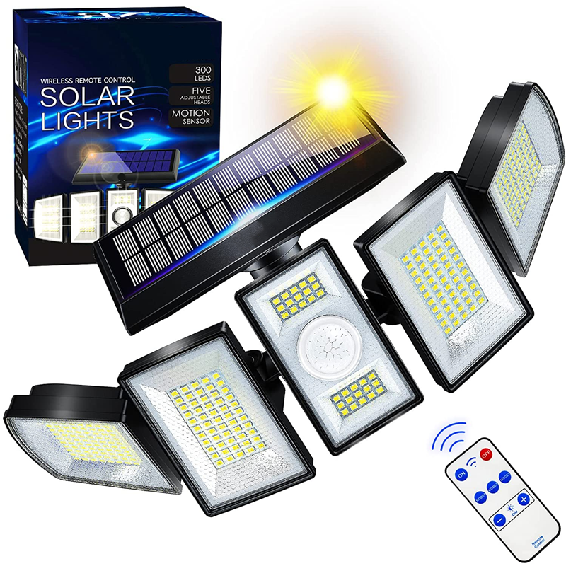 Impermeável Segurança Flood Light com Sensor de Movimento, Luzes solares, Luzes ao ar livre, 5 Níveis Brilho, 3 Modos de Iluminação, ângulo de 360 °, 300 LED, 7000K