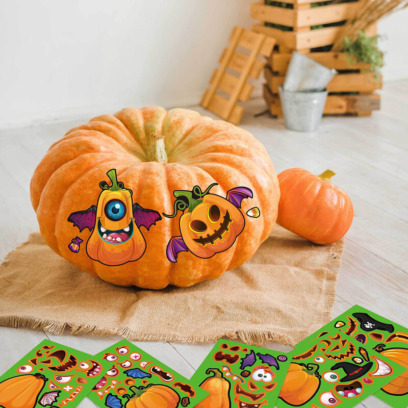 Halloween Puzzle Stickers for Children, DIY Pumpkin Assemble Jigsaw, Make a Face, Jogo Educativo, Presente para Crianças, Favor de Festa, 8 Folhas, 16 Folhas