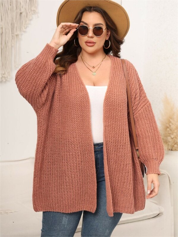Plus Size jesienno-zimowa Midi sweter dziergany damska koreańska moda z dekoltem w szpic damskie sweter z długim rękawem 2023