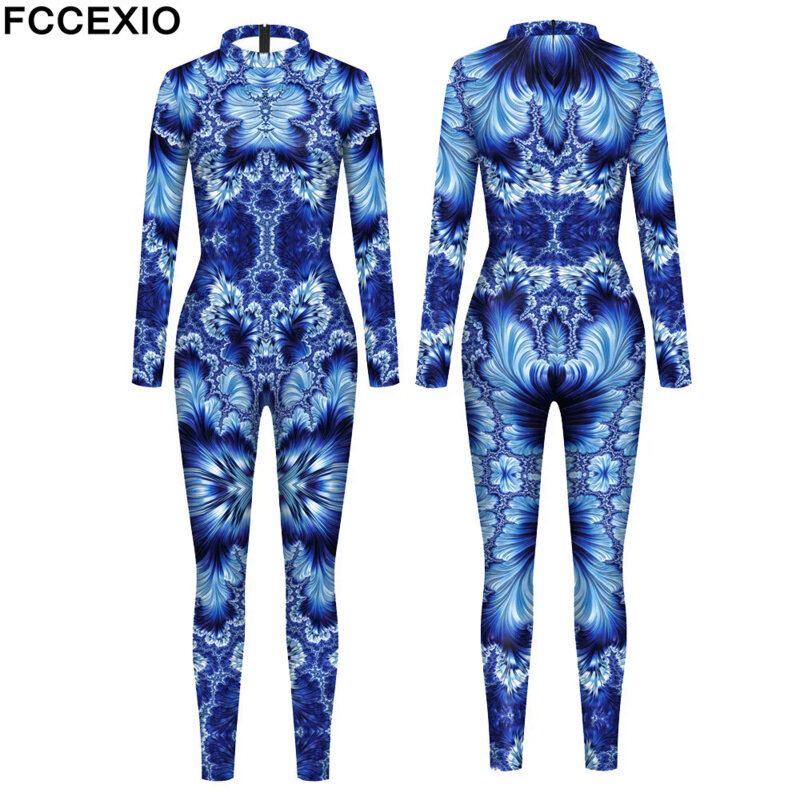FCCEXIO Halloween Party Abstract Geometry 3D Print Women Sexy Skinny Jumpsuit Carnival Cosplay Costumes Fancy Bodysuit 2023