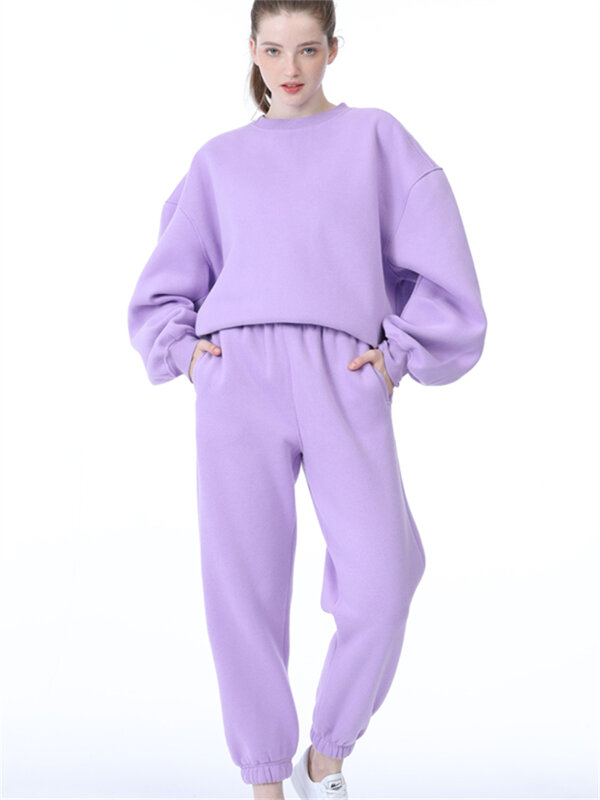 High Quality Winter Women Tracksuits Oversize Fleece Warm Sweatshirts & Long Pants Female Solid Pullovers Two Piece Sets