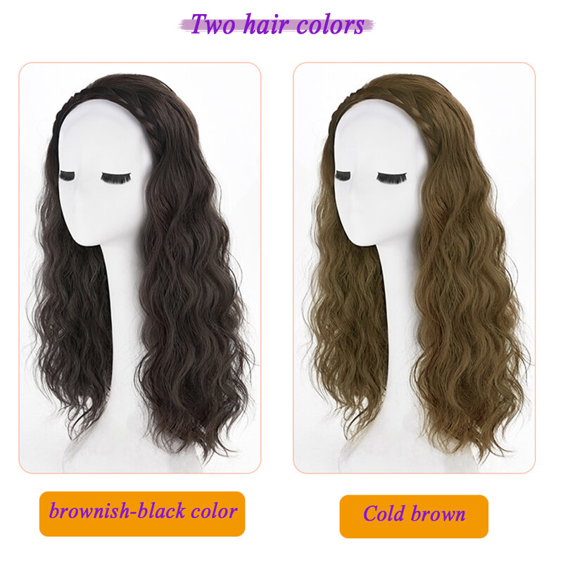 Peluca sintética de cabello largo para mujer, diadema trenzada, ondulación de agua de una pieza, medio casco, peluca trenzada