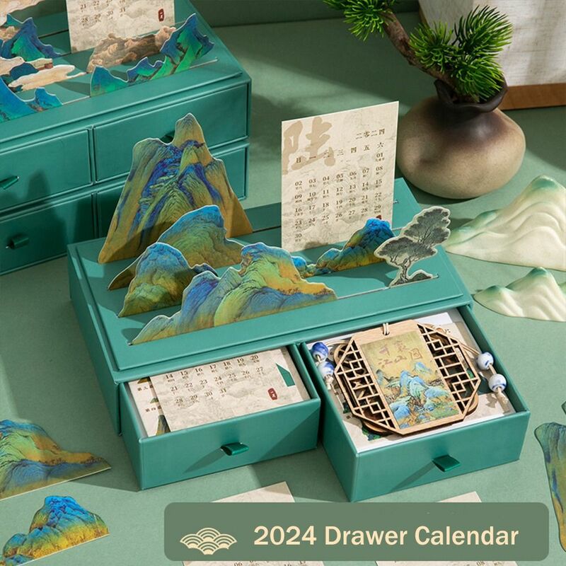 Chinese Ancient 2024 Drawer Calendar Creative Mountains Desk Calendar Multifunctional New Year Gifts To-do lists Time Planner