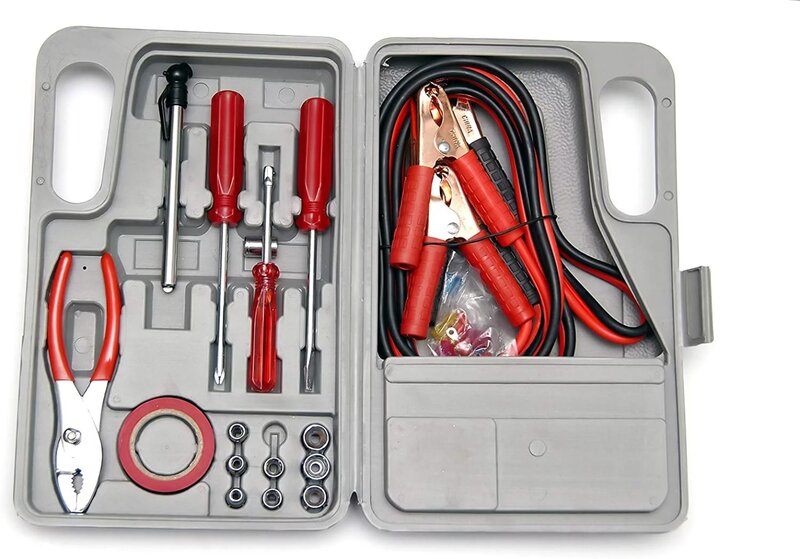 Roadside Emergency Tool and Auto Kit, Set for Car, Truck, SUV, RV Carrying Case, Jumper Cables, Tools, Gloves and More, 30 Piece
