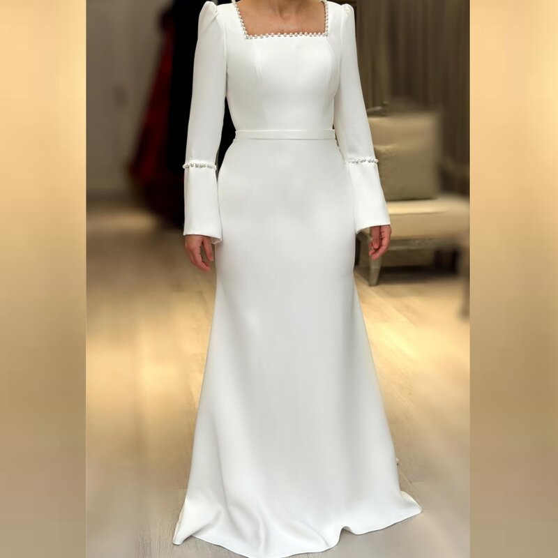 Jersey Pearl Beading Ruched Celebrity A-line Square Neck Bespoke Occasion Gown Long Dresses