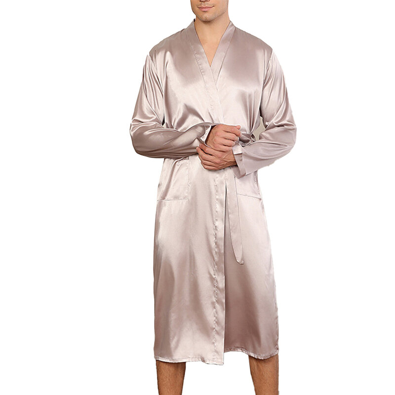 Piyama sutra emulasi panjang untuk pria jubah mandi Kimono jubah mandi baju tidur panjang warna polos nyaman lembut