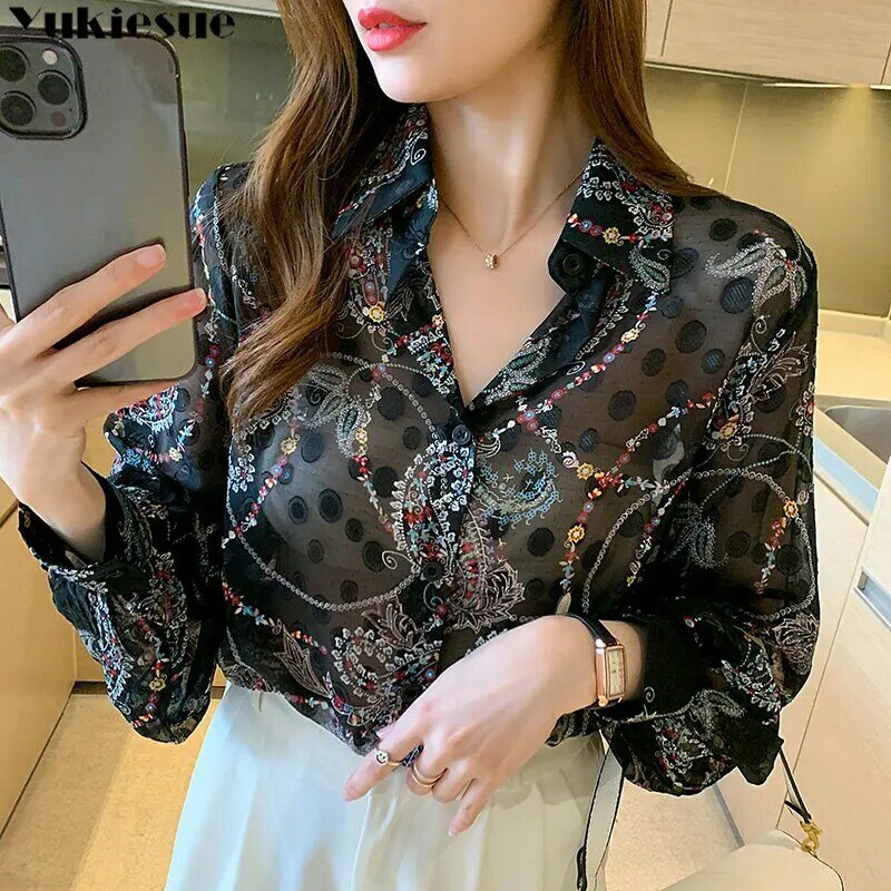 Moda coreana impresso camisa feminina bordado impressão de manga comprida temperamento chiffon camisa 2023 primavera novo solto lapela topo