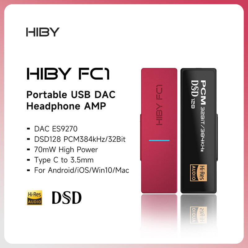 HiBy FC1 Portátil Tipo C para Saída de 3,5mm, USB, DAC, Decodificador de Áudio, Headphone AMP, DSD128 para Android, iOS, Mac, Win 10, PC, Smartphone