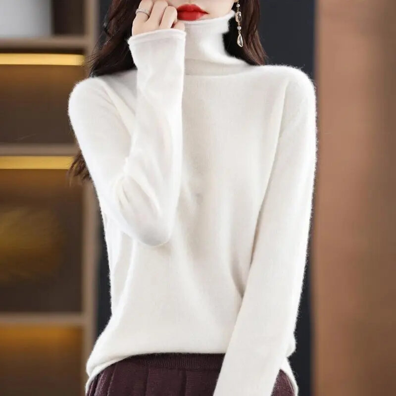 Элегантный женский свитер с высоким воротником, осенне-зимний пуловер, облегающие вязаные топы, повседневный джемпер с длинным рукавом, Женский пуловер