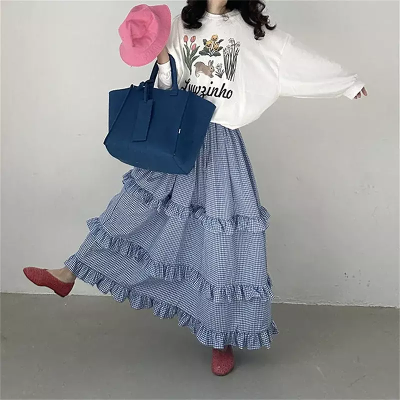 2024 New Arrival Summer Women All-matched Casual Loose Fit Ruffles Patchwork A-line Elastic Waist Ankle-length Skirt