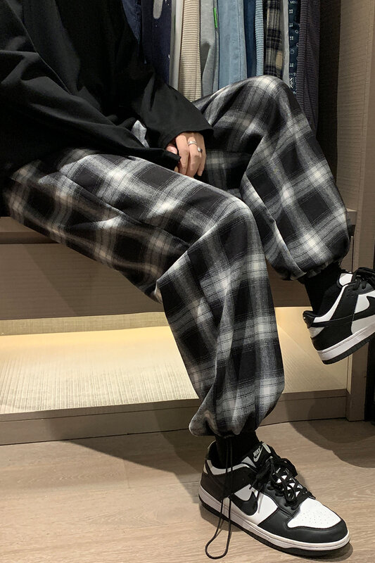 2023 Autumn New Fashion Men's Pants Thin Loose Fit Sports Haren Pants Summer Breathable Smooth Men's Casual Plaid Pants A43