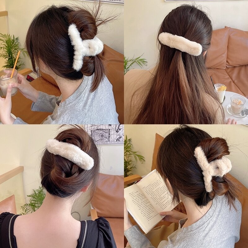 Elegante Solide Plüsch Haar Clip Headwear Für Frauen Haar Zubehör Mode Geometrische Große Haar Klaue Haarnadeln Elegante Barrettes