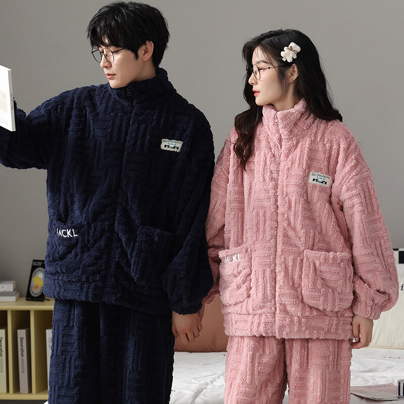 Nieuwe Winter Flanellen Nachtkleding Koppels Warme Fleece Pyjama Set Liefhebbers Kimono Pijama Huiskleding