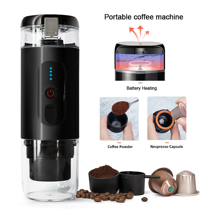 2023 휴대용 캡슐 커피 메이커, 여행 자동차 및 가정용 이중 목적 커피 머신, 배터리 가열 야외 무선 커피 메이커