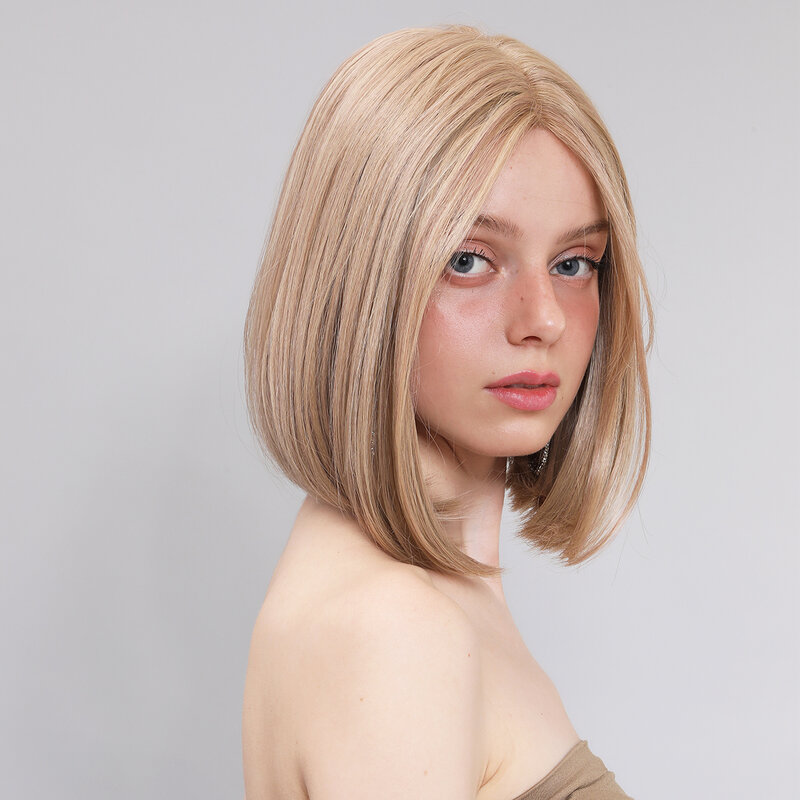 Smilco Blonde T-Part 13X5X1 Lace Front Kanekalon Synthetic Short Straight Wig Invisible Lace Front Preplucked Wig Heat Resistant