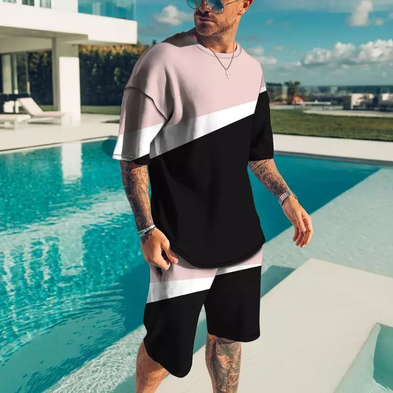 2024 Europe and the United States summer men's fashion casual beach T-shirt set 3D printed color block stitching T-shirt set