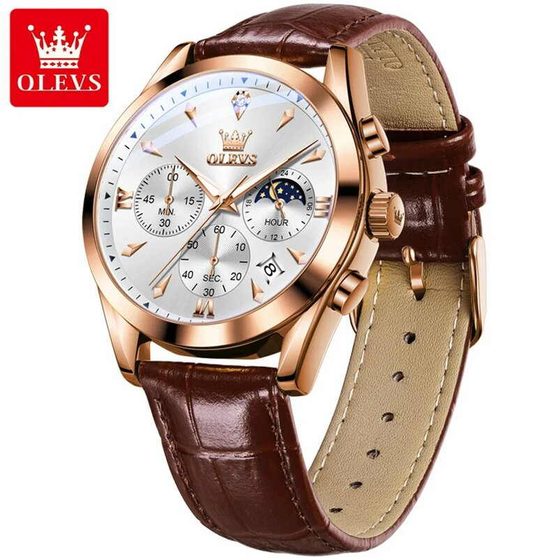 OLEVS นาฬิกาควอทซ์แฟชั่นใหม่เอี่ยมสำหรับผู้ชายนาฬิกาโครโนกราฟหรูหราปฏิทินเรืองแสงกันน้ำหนังสำหรับผู้ชาย relogio masculino