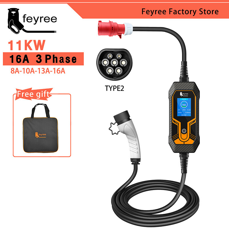 feyree 11KW 16A 3 Phase EV Portable Charger Type2 5M Cable EVSE Charging Box Electric Car Charger CEE Plug for Electric Vehicle
