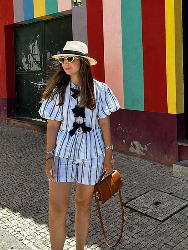 Casual Striped Short Pants 2 Piece Sets Women Fashion Bow Lace Up Hollow Tops High Waist Short Pant Suit Lady Beachwear Outfits