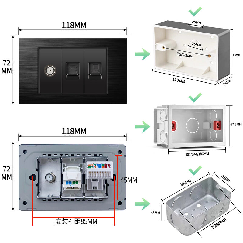Brazil standard 20A light switch with Type-C USB cable TV port module, aluminum brushed panel, power socket button, home switch