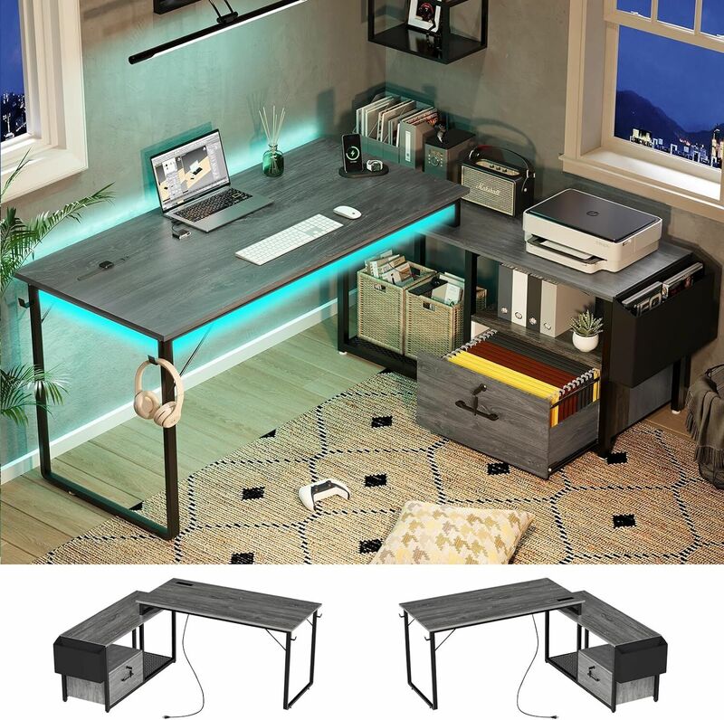 Bureau de jeu en forme de L, bureau à domicile avec prise de courant et lumières, table d'ordinateur