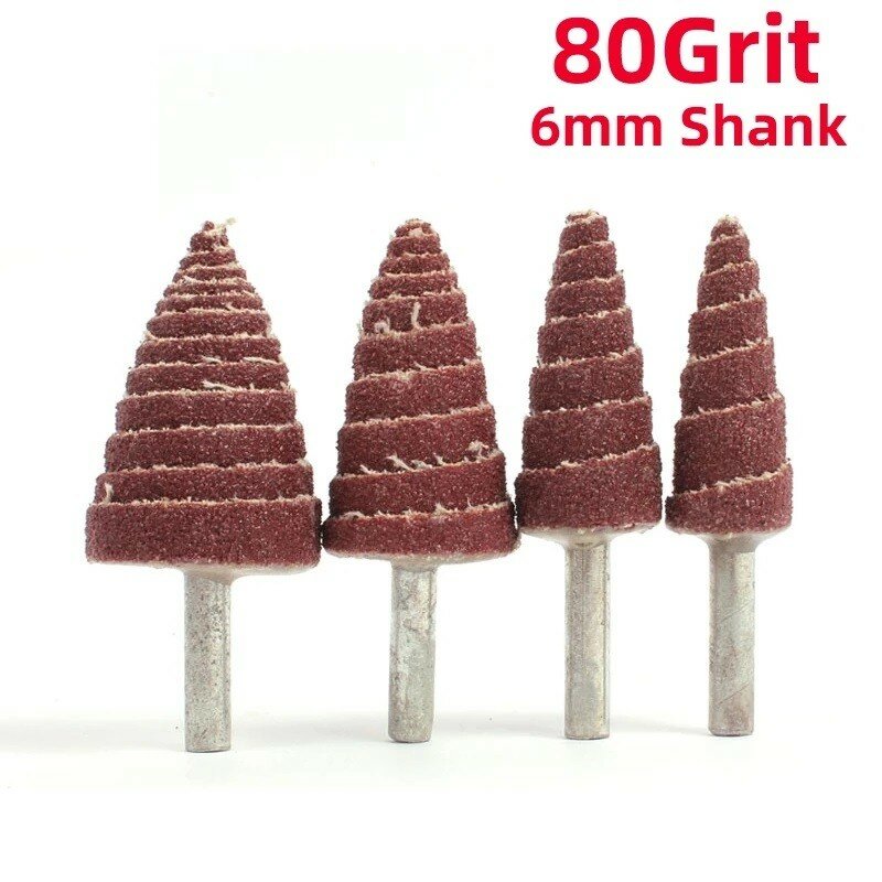 Rodas de lixa com cone cônico, cabeça de moagem, 80 Grit, 6mm Shank, 15mm, 20mm, 25mm, 30mm, 1Pc