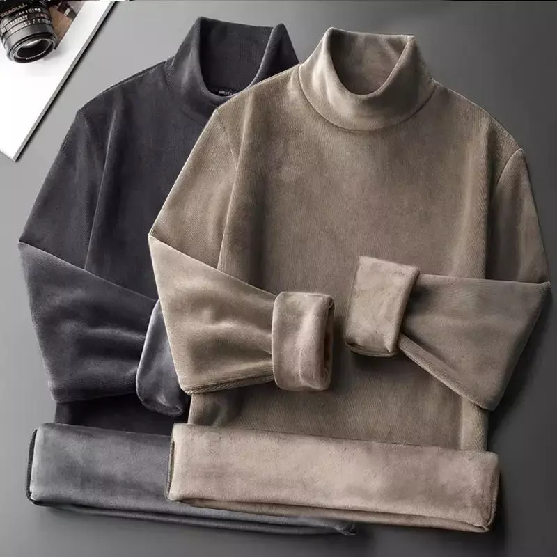 Camicia con fondo lavorato a maglia da uomo con collo alto isolante in velluto autunno inverno t-Shirt addensata in peluche per donna