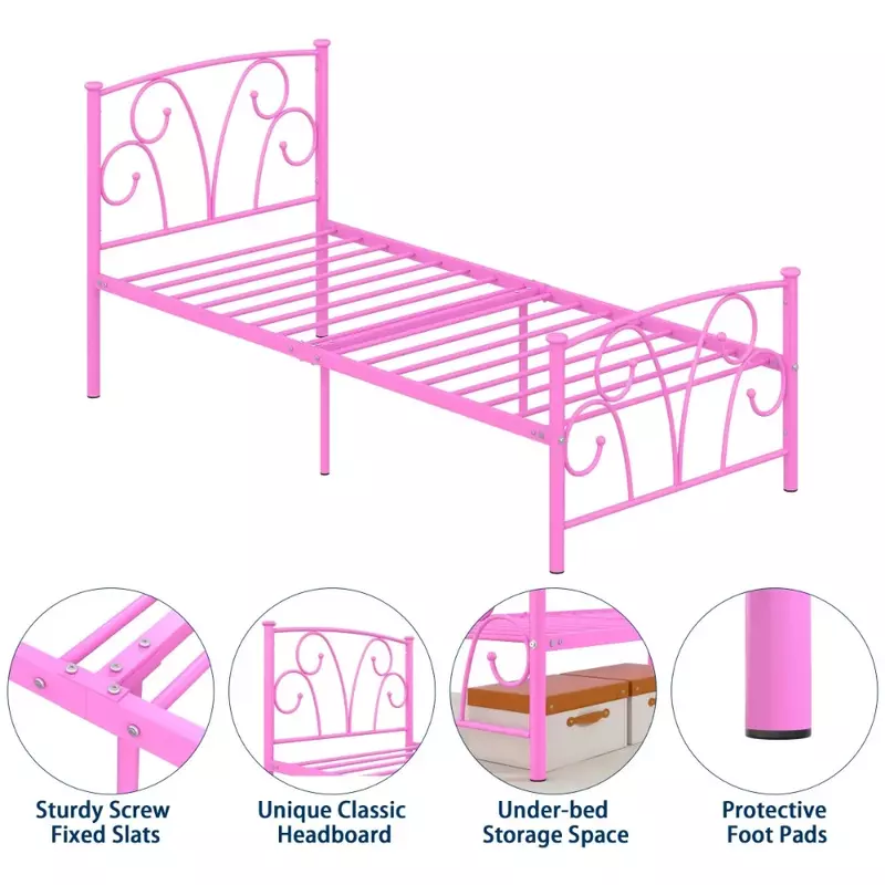 Struttura del letto con piattaforma doppia in metallo resistente da 14 "con testiera per mobili da camera da letto per ragazze, rosa, miglior regalo per bambini
