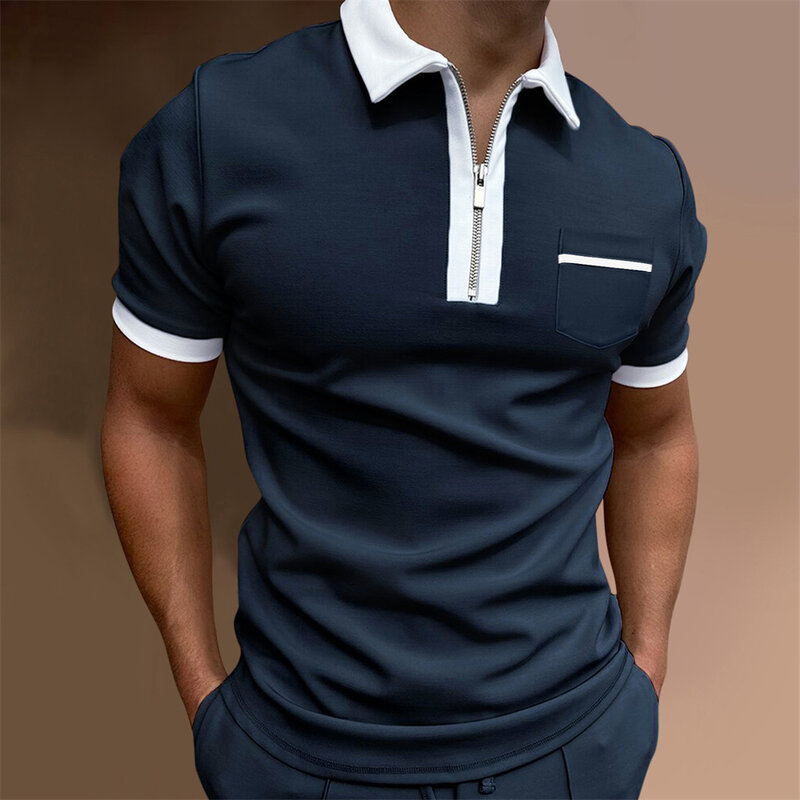 2022 موضة جديدة الثدي جيب بولو قميص الرجال الصيف بولو التلبيب سليم أحادية اللون سستة تنفس بولو لباس رجالي غير رسمي