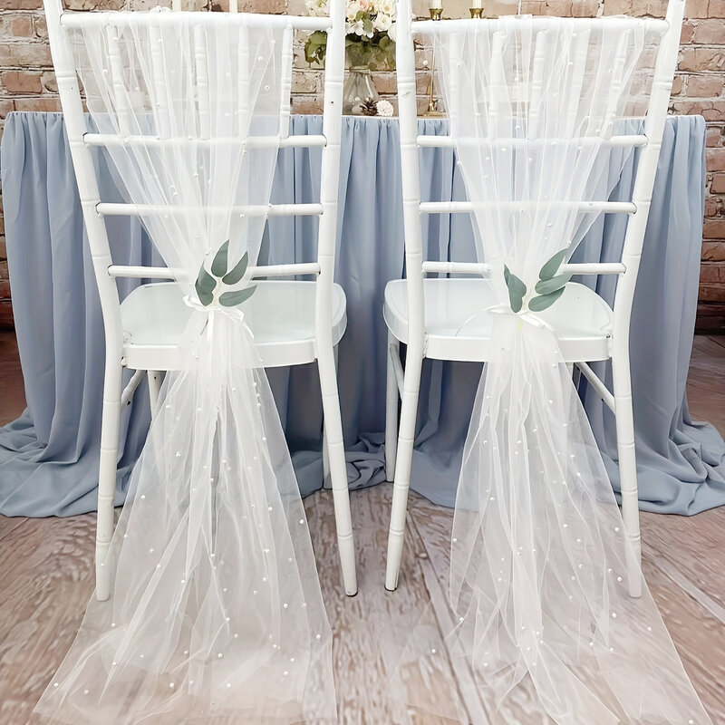 Fajas de tul blanco perlado para silla de boda, pasillo largo, decoraciones laterales traseras, Iglesia transparente, cortinas a granel, 75x200cm, 2 piezas