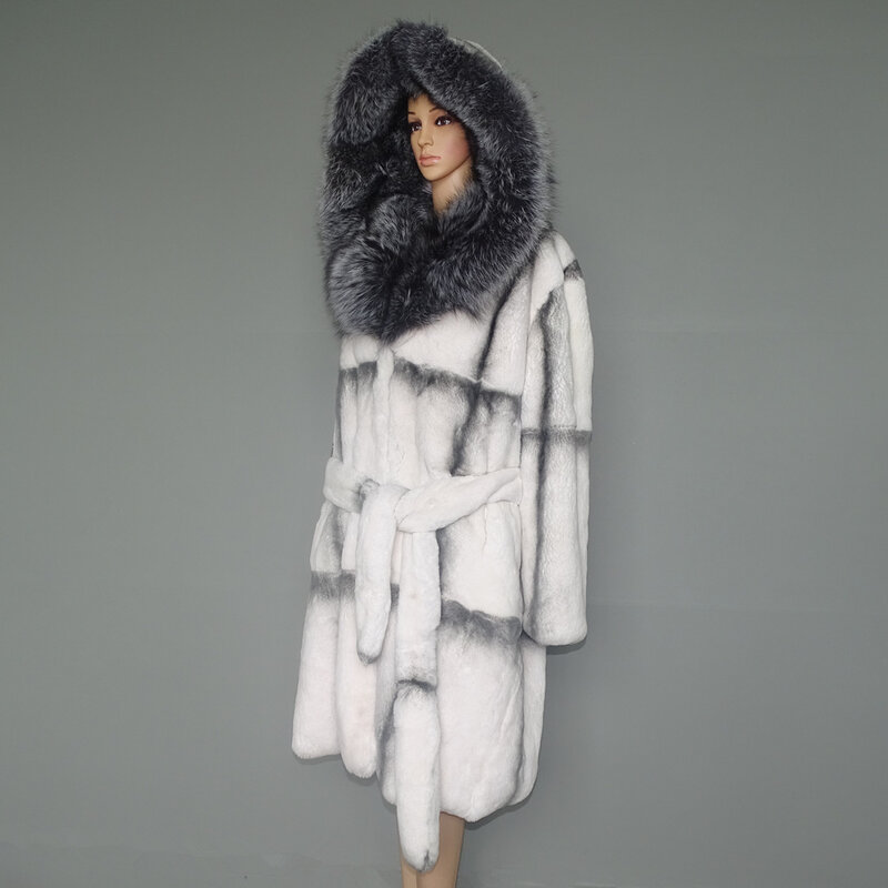 Zimowa damska prawdziwa naturalne futro królika długa płaszcz z prawdziwego futra duża srebrna kołnierz z futra lisa ciepła moda odzież wierzchnia