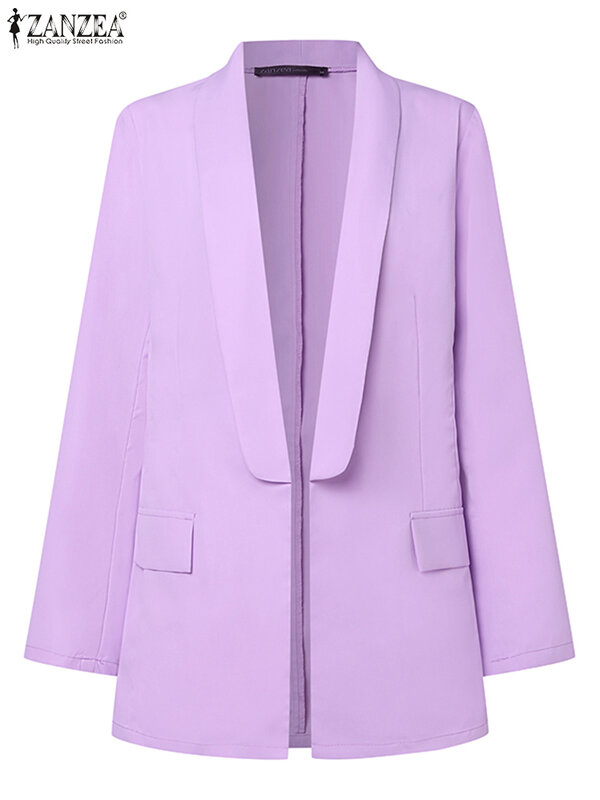 ZANZEA-blazers femininos com gola lapela, jaqueta de manga longa, terno OL monocromático, casacos elegantes de cintura coletiva, elegante e elegante, outono 2021