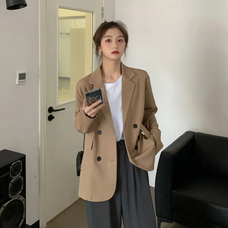 new Ladies Autumn and Winter Casual Blazer Solid Color Loose Loose Mid-length Women's Double-breasted Oversized Blazer Women