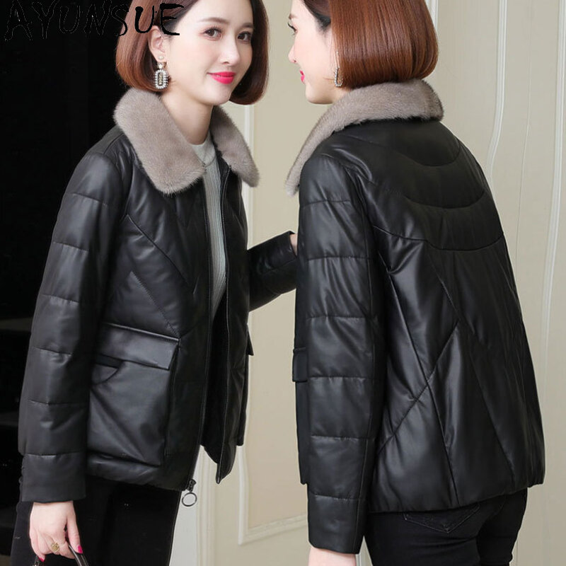 AYUNSUE Real Leather Jacket Women Genuine Sheepskin Coat Mink Fur Collar Short Down Coats Autumn Winter Parkas Casaco Feminino