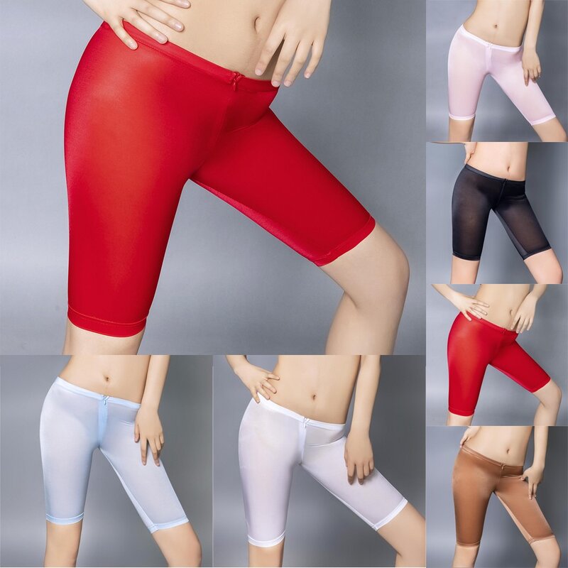 Damen glänzende transparente Reiß verschluss Shorts mit offenem Schritt sexy durchsichtige dehnbare Leggings Sicherheits shorts Boxershorts Höschen schlanke Strumpfhose