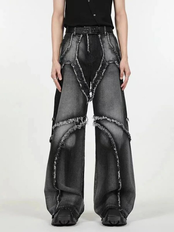 Ciężki przemysł niszowy amerykański patchworkowy nieobszyte brzegi jeansy męskie Y2k moda workowate dżinsy gotyckie spodnie z szerokimi nogawkami w stylu Harajuku