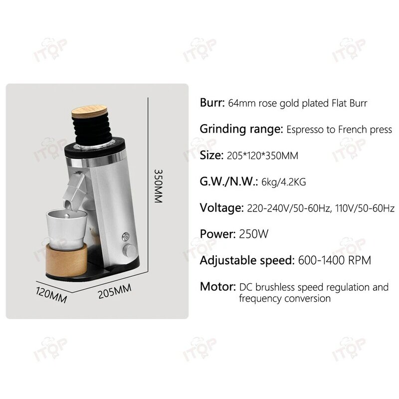 Moedor de café elétrico ITOP CG64, 64mm Burr única dose, 600-1400RPM, velocidade variável, Espresso Pour Over