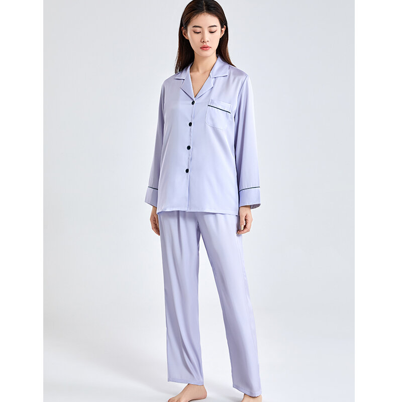 Pijama cetim de seda e gelo feminino, pijamas brancos, pijamas de manga cheia, roupas de casa, pijamas de quarto, PJ, 2023