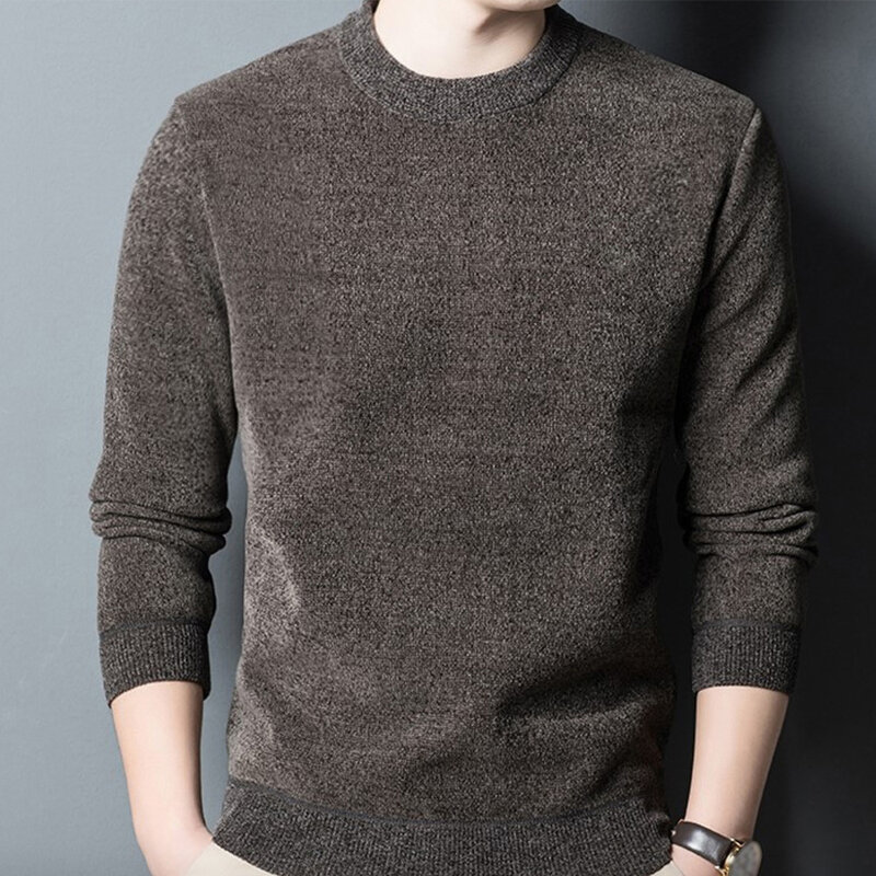 Sweater Pullover rajut pria, pakaian bulu domba tebal hangat warna polos lengan panjang musim dingin