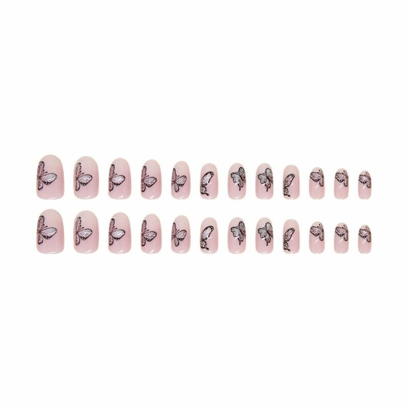 24pcs Oval False Nails French Almond Butterfly Press on Nails Fake Nails DIY Manicure Detachable Nail Tips