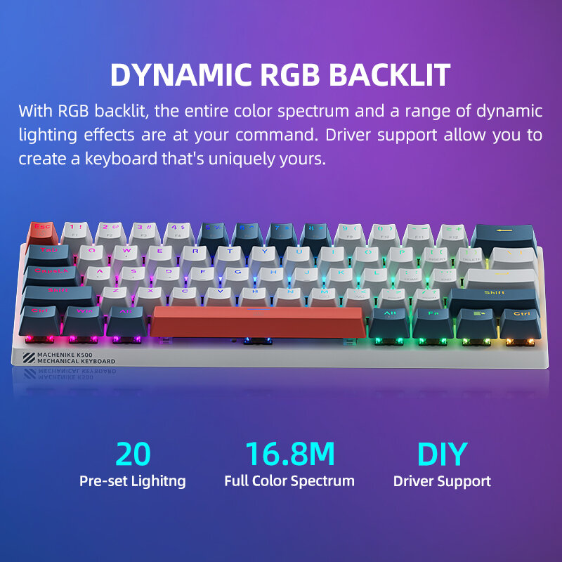 Machenik K500-B61 لوحة مفاتيح ميكانيكية صغيرة 60% شكل عامل 61 مفاتيح لوحة مفاتيح الألعاب السلكية مفتاح كامل Hot-Swappable RGB الخلفية