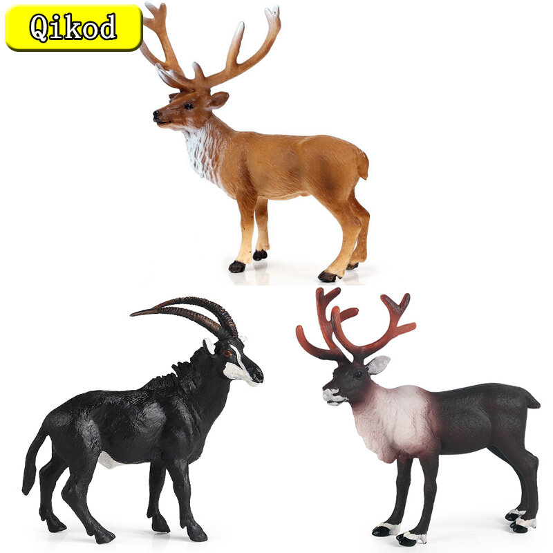 نموذج ألعاب الحيوانات محاكاة المعرفية للأطفال ، عالم الحياة البرية ، الظباء الأسود ، الأيائل ، الغزلان ، الغزلان الأحمر الذكور ، هدايا الديكور
