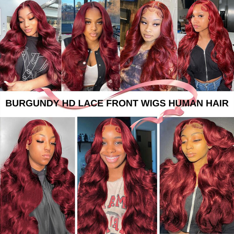 Borgonha Lace Front peruca de cabelo humano para mulheres, pré arrancadas, transparente, colorido, onda do corpo, 13x6, HD, 99j, 13x4