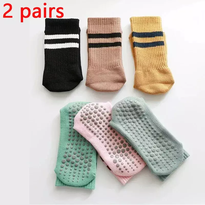 2 Paar mittellange Damen-Socken aus Baumwolle im Frühjahr und Herbst mit gespleißten Farben, rutsch feste Sport-Socken in hoher Länge, Yoga-Socken