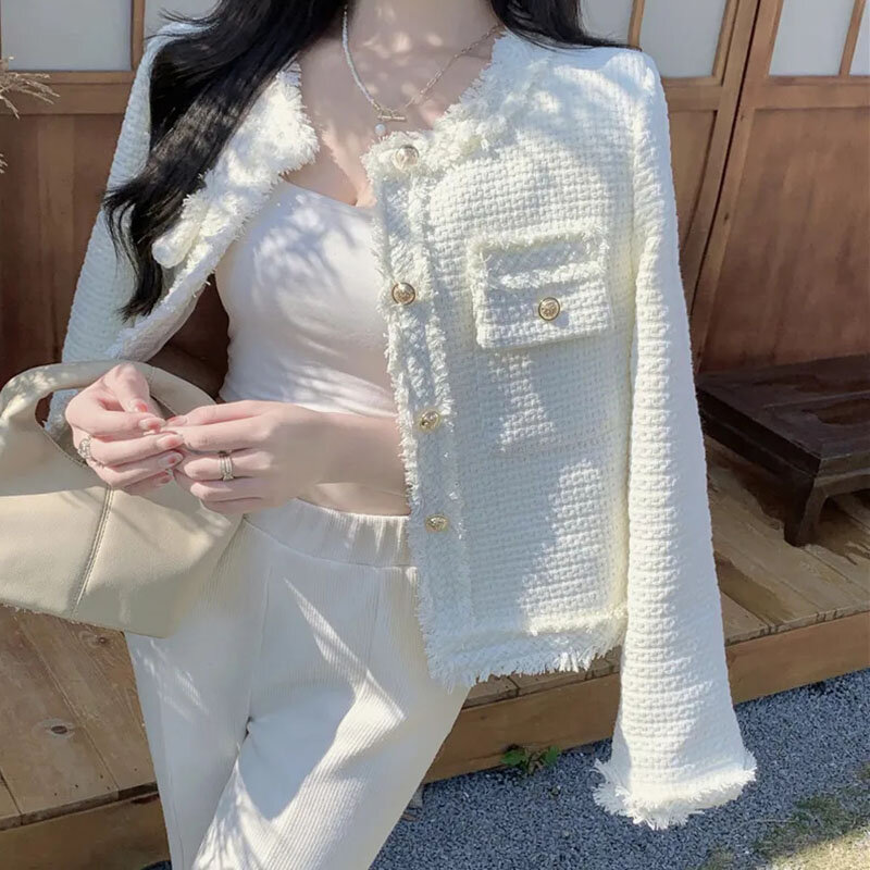 Lucyever koreanische Mode Plaid Tweed Jacke Frauen weiß Rundhals ausschnitt kurz Quaste Mantel Herbst einreihige Büro Dame Outwear