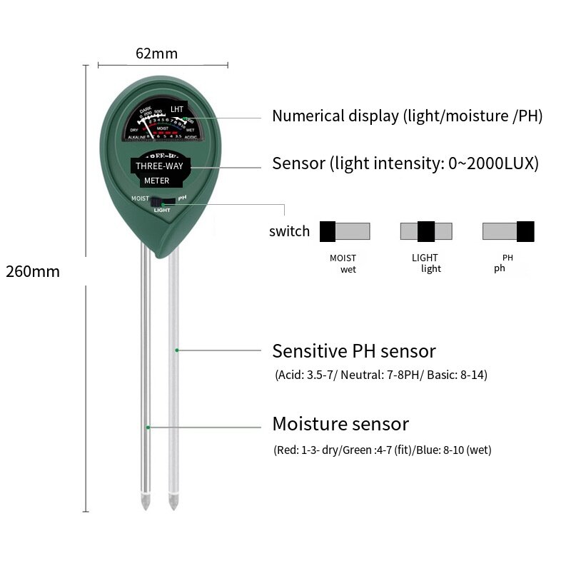Medidor de ph do solo do medidor de umidade do solo do verificador do solo flores e plantas três-em-um detector de solo