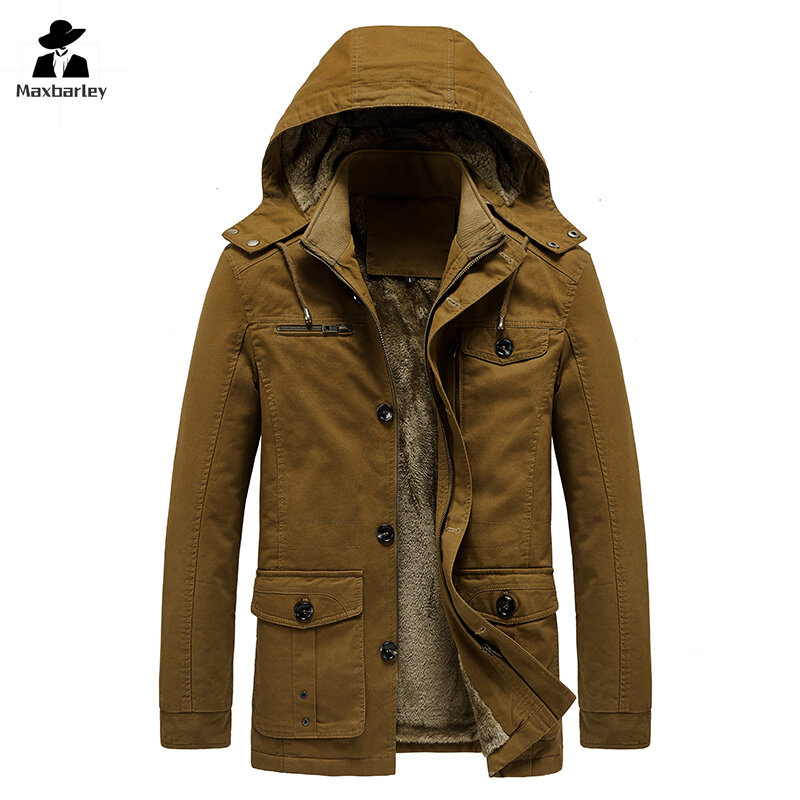 Мужская флисовая куртка в стиле ретро, теплая плотная ветрозащитная парка с капюшоном, уличная рабочая одежда с несколькими карманами, мужское зимнее пальто, новинка 2024