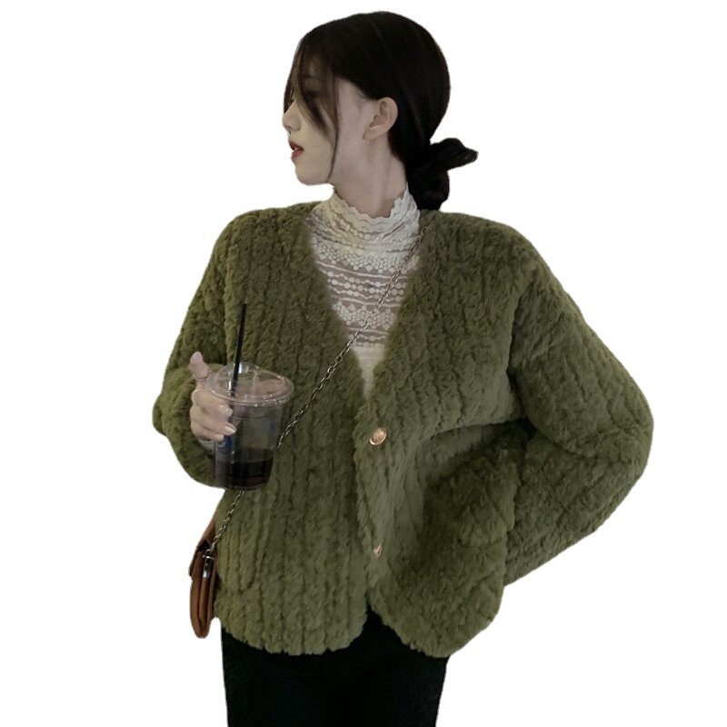 ZXRYXGS temperamento tendenza imitazione cappotto di lana di agnello autunno inverno giacche 2023 nuovo scollo a v moda Top abbigliamento donna