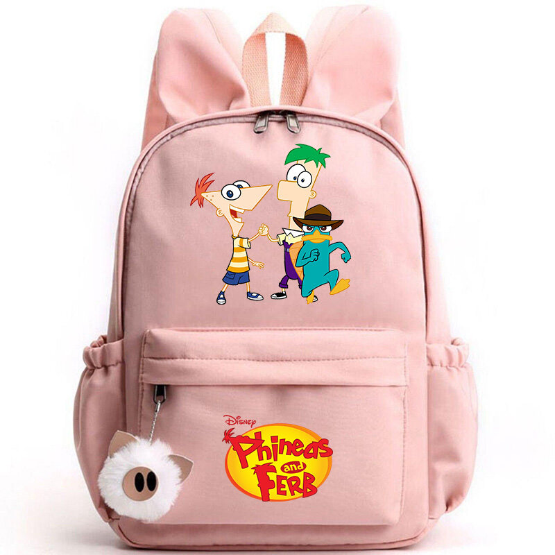 Mochila Disney Phineas e Ferb para meninos e meninas, mochilas escolares casuais para crianças adolescentes, mochila de viagem fofa